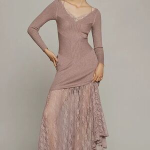 Anthropologie Mauve Asymmetrical Lace-Trim Ribbed Maxi Dress